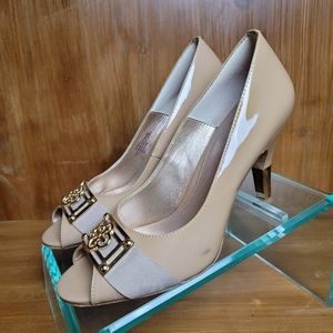 Isola tan gold patent leather spike heel open toe emblem no slip high heels
